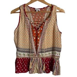PATRONS OF PEACE BOHO RED/BEIGE/BLUE LACE-UP TANK TOP SIZE EXTRA‎ SMALL